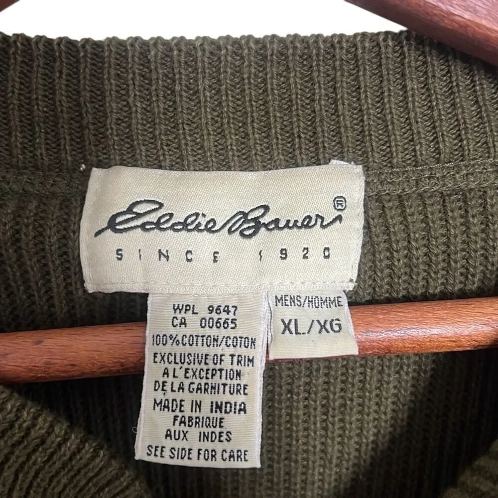 Eddie Bauer Chunky Knit Cotton Henley Pullover Sweater Olive Green‎ Size XL